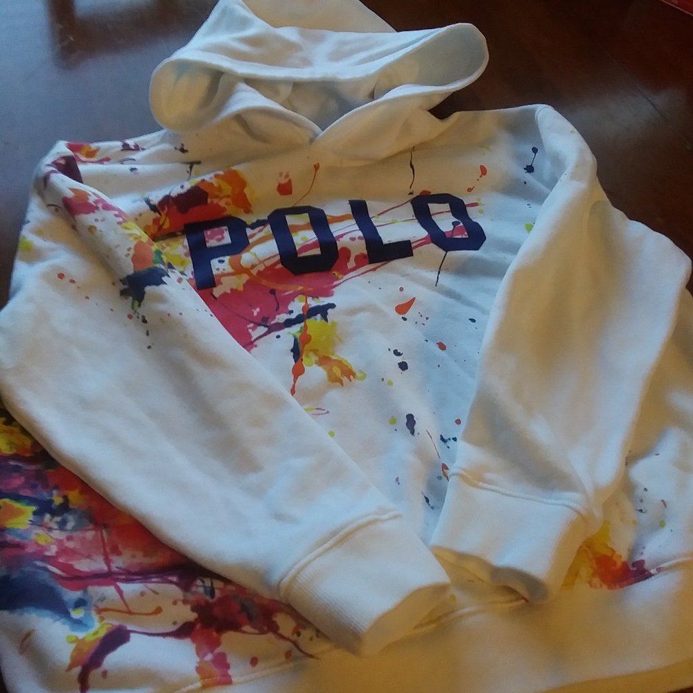Polo Ralph Lauren Kids Pullover Hoodie White Graffiti Paint Splatter Sz XL(TG)16